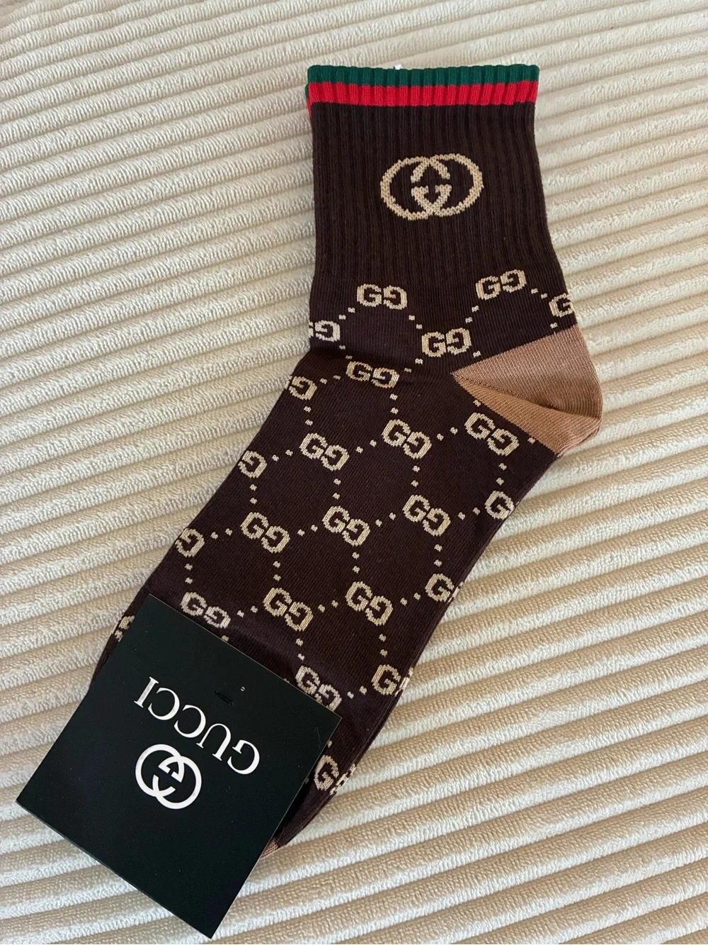 Gucci Brown GG Monogram Crew Socks with Green-Red Stripe